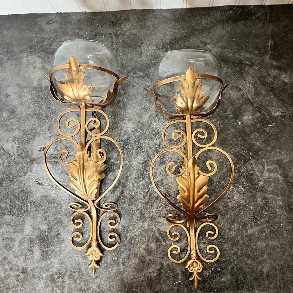 Vintage Large Metal Gold Tone Wall Sconce with Glass Globe Sconce Pair | Cottage